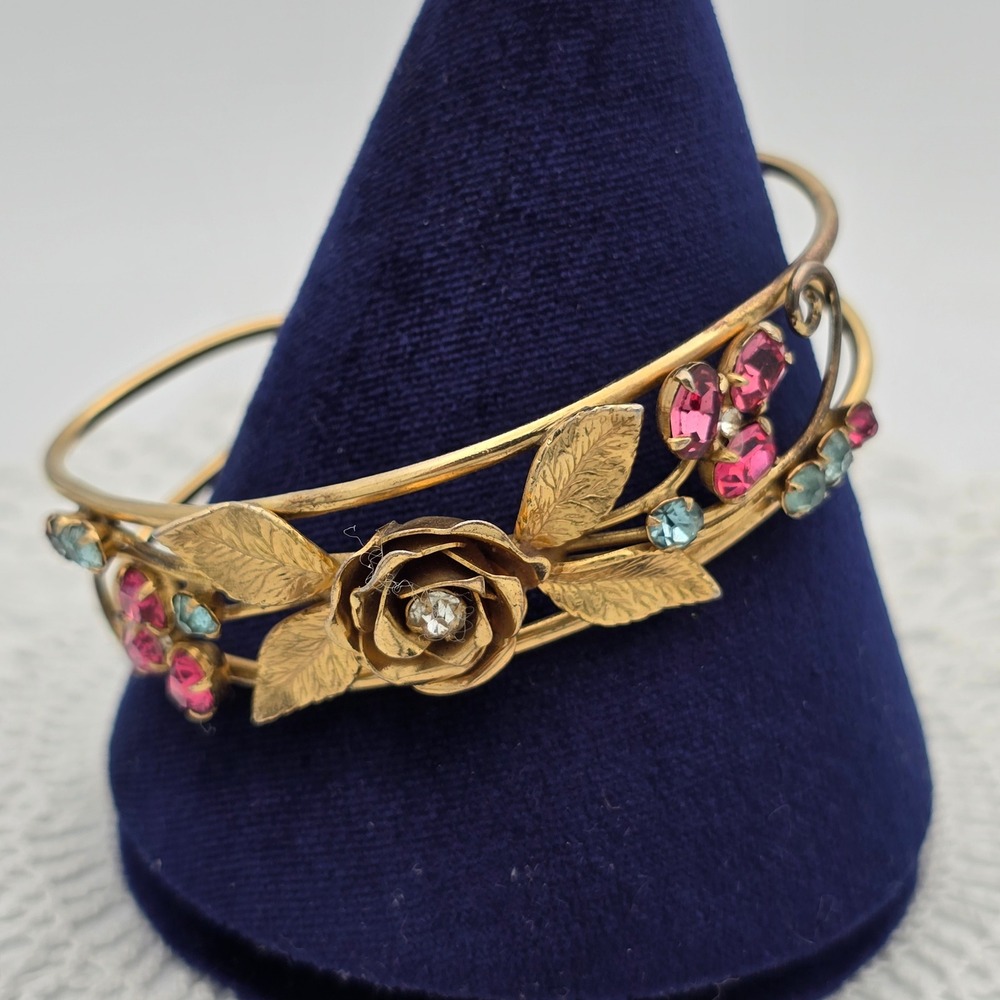 Vintage Gold Tone Cuff Bracelet Pink Blue Rhinestone Floral Rose 6.75